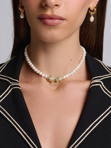 Nialaya Women's Necklace Women's Pearl Choker with Gold Double Panther Head Women's Pearl Choker with Gold Double Panther Head 15 Inches / 38.1 cm WNECK_272